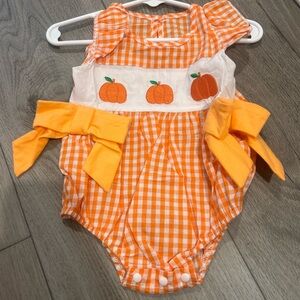 Orange Gingham Baby Romper with Pumpkin Design